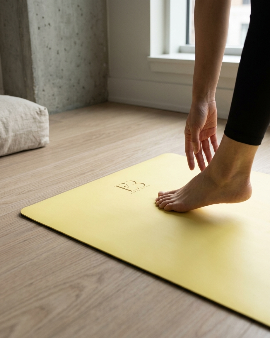 Lemon-yellow natural rubber yoga mat with small embossed logo