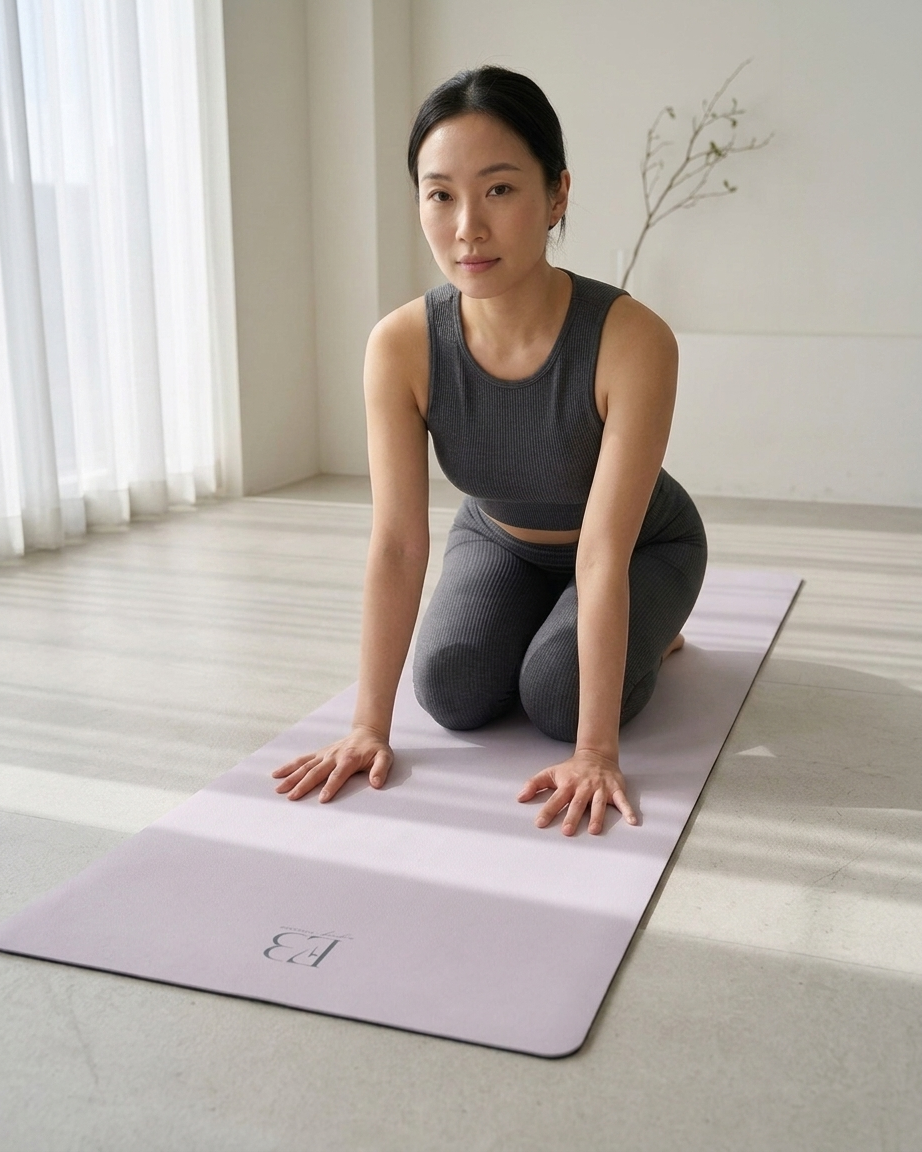 Lavender yoga mat on the floor during a seated stretching pose