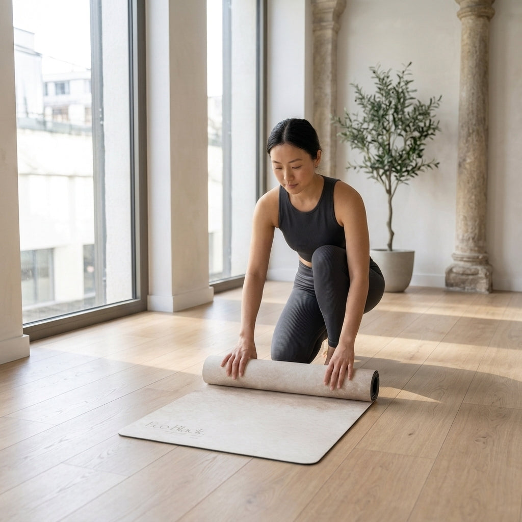 Light beige yoga mat on floor as person kneels and stretches