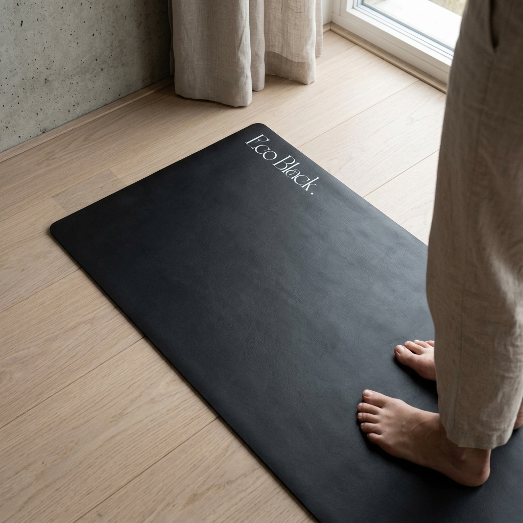Dark natural rubber yoga mat with rounded corners, lying flat on a floor