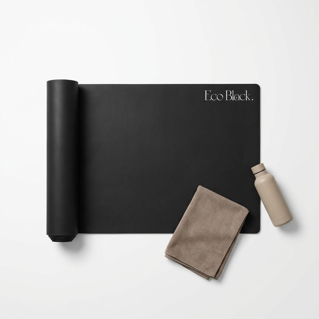 Black yoga mat with Eco Block logo, shown with included rolled mat and accessories.