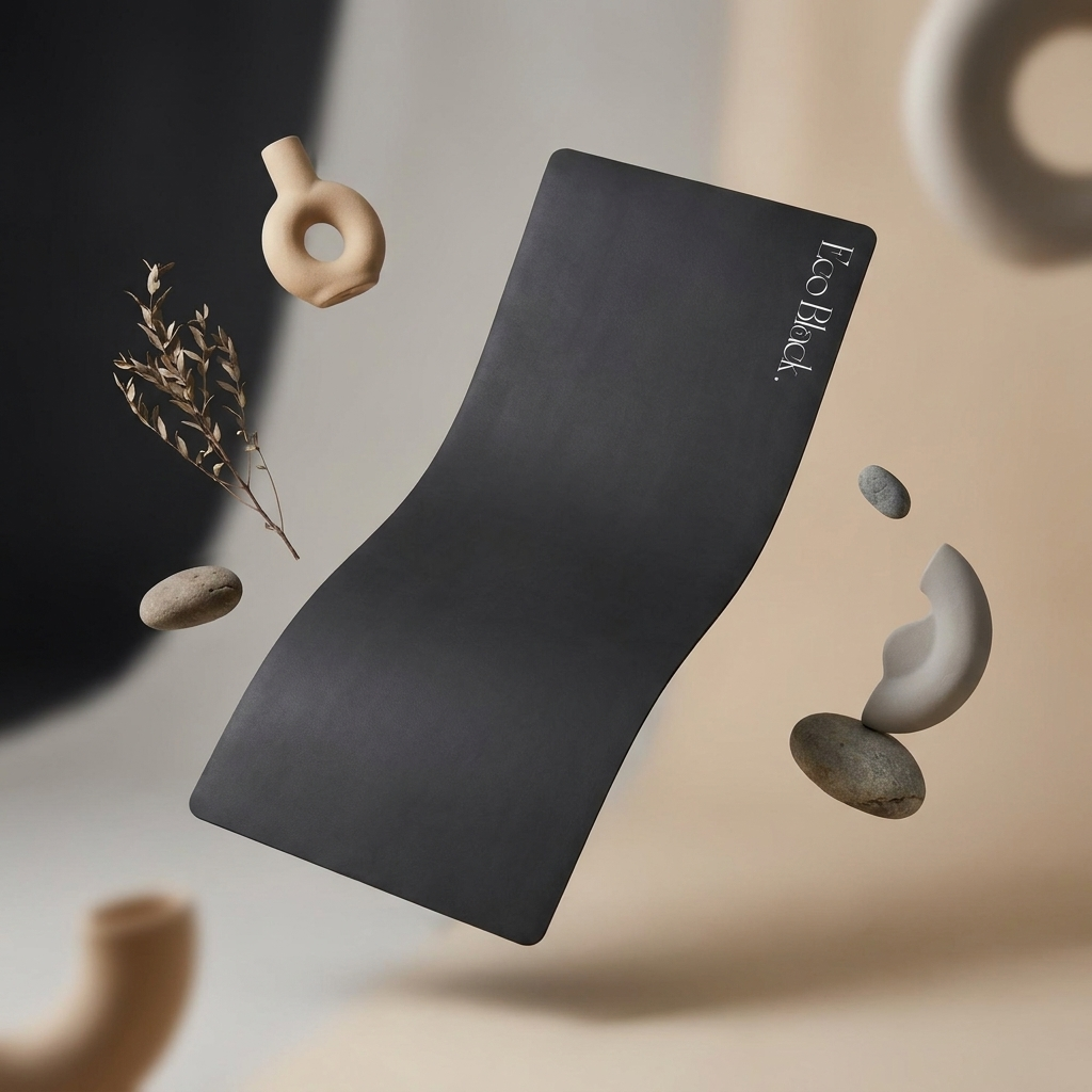 Dark natural rubber yoga mat with rounded corners, shown at an angle