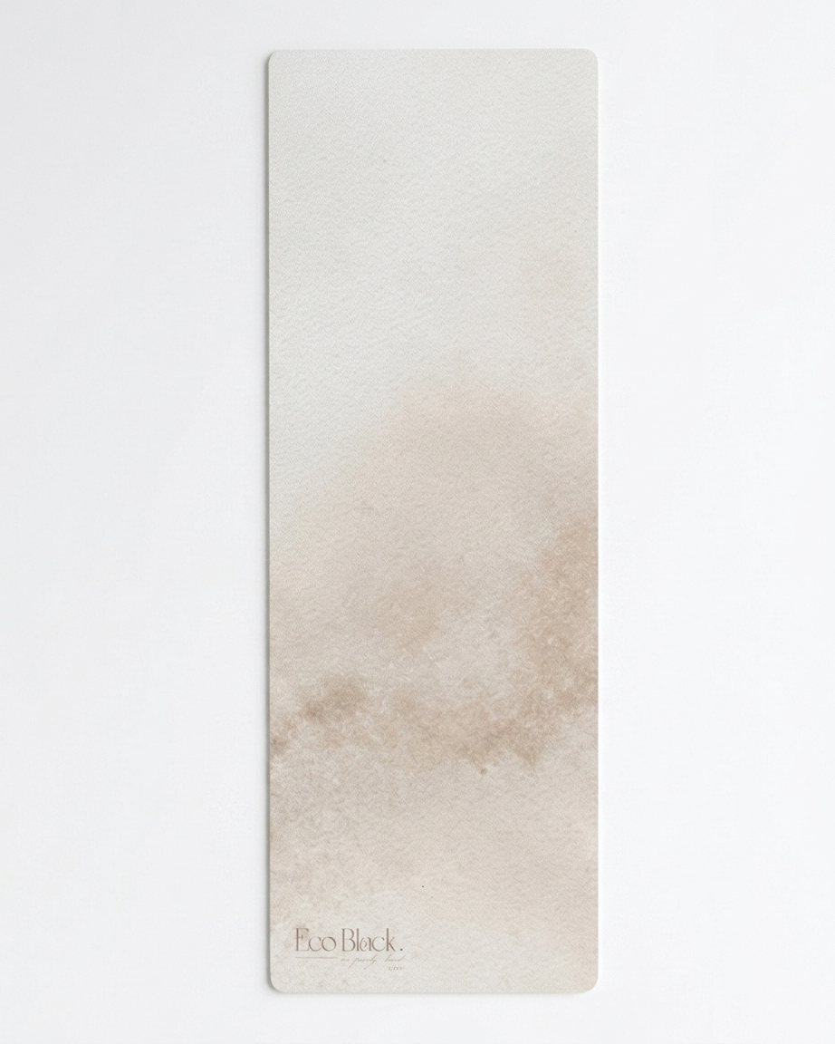 Natural rubber yoga mat, beige caramel wash with EcoBlack logo at bottom