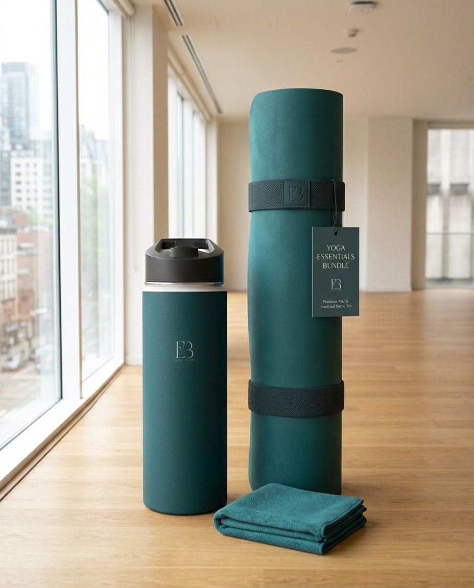Deep teal yoga set with rolled mat, second roll, and folded towel
