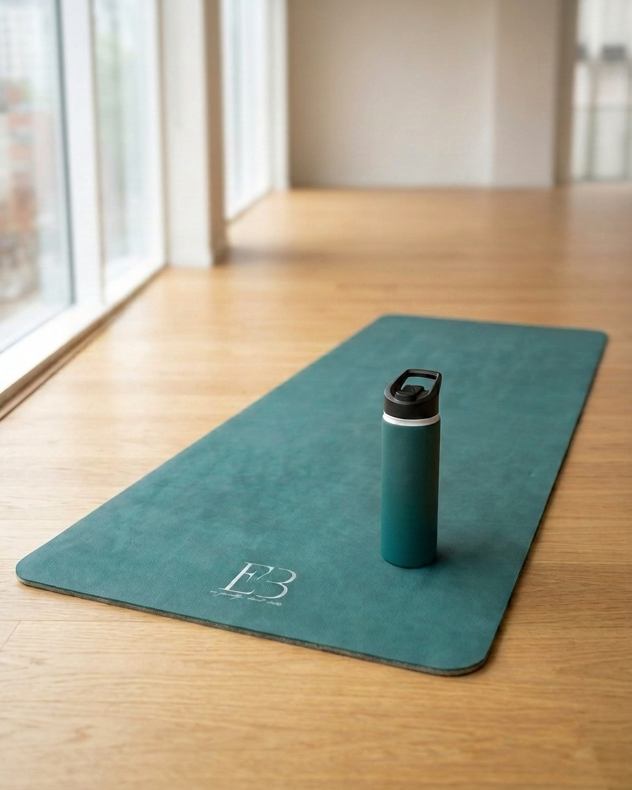 Deep teal yoga mat with matching water bottle on studio floor
