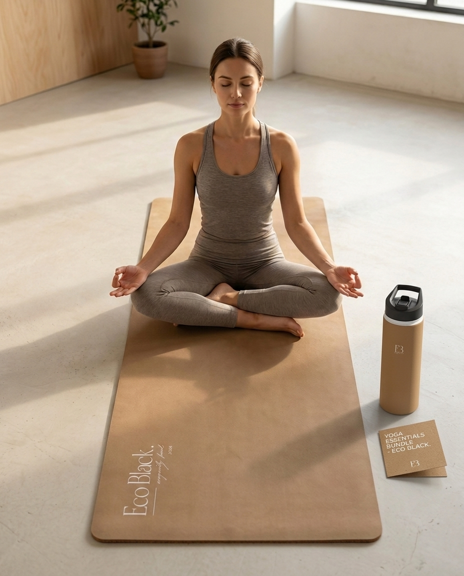 Tan yoga mat with water bottle and card; gray yoga sports bra and leggings