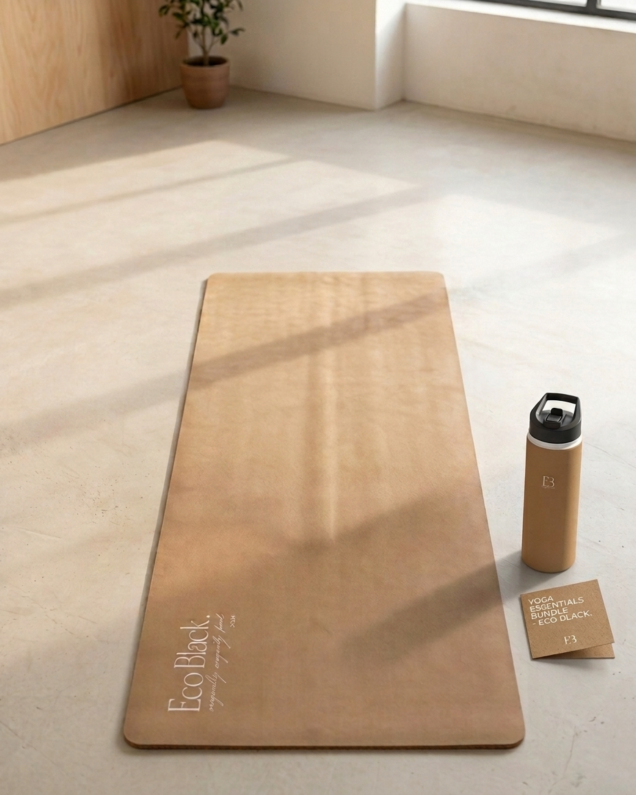 Tan yoga mat with embossed logo; water bottle and product card