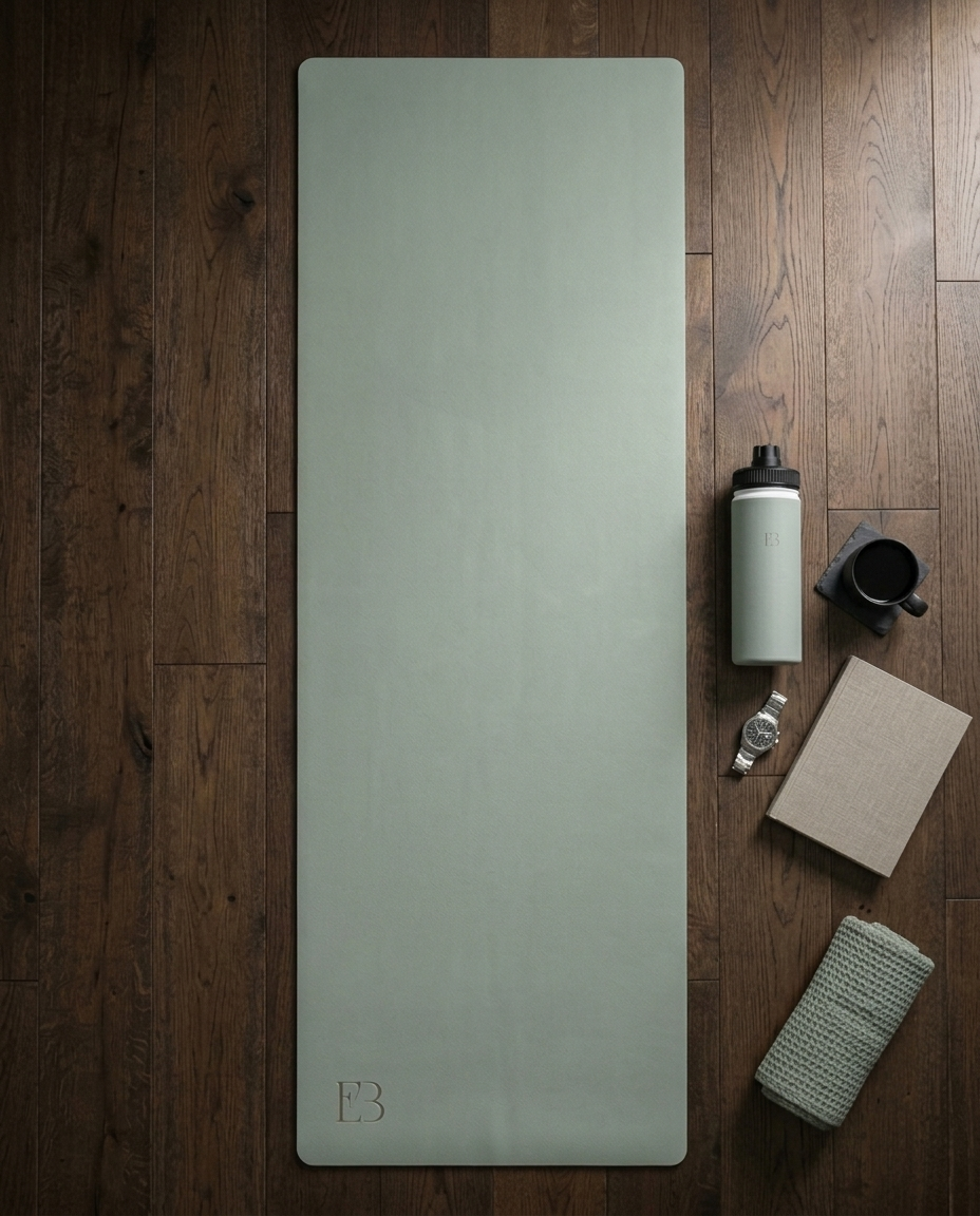 Sage green yoga mat with embossed logo at bottom center.