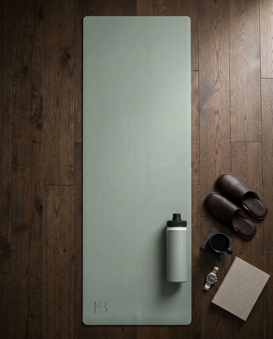 Sage green yoga mat with logo mark at bottom edge.