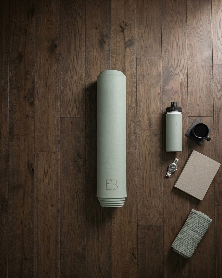 Rolled sage green yoga mat with embossed E B logo on roll.
