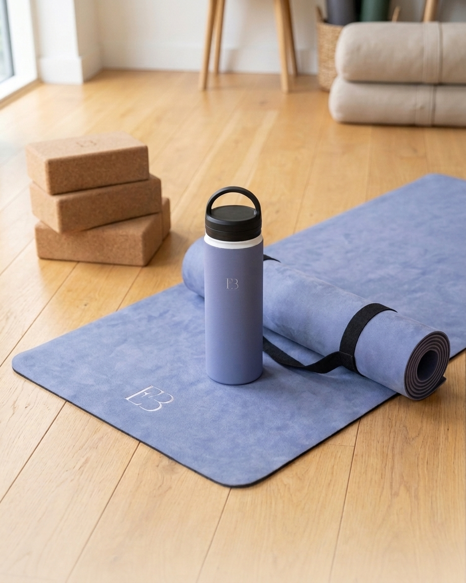 Blue yoga mat with water bottle, yoga blocks, and rolled mat strap