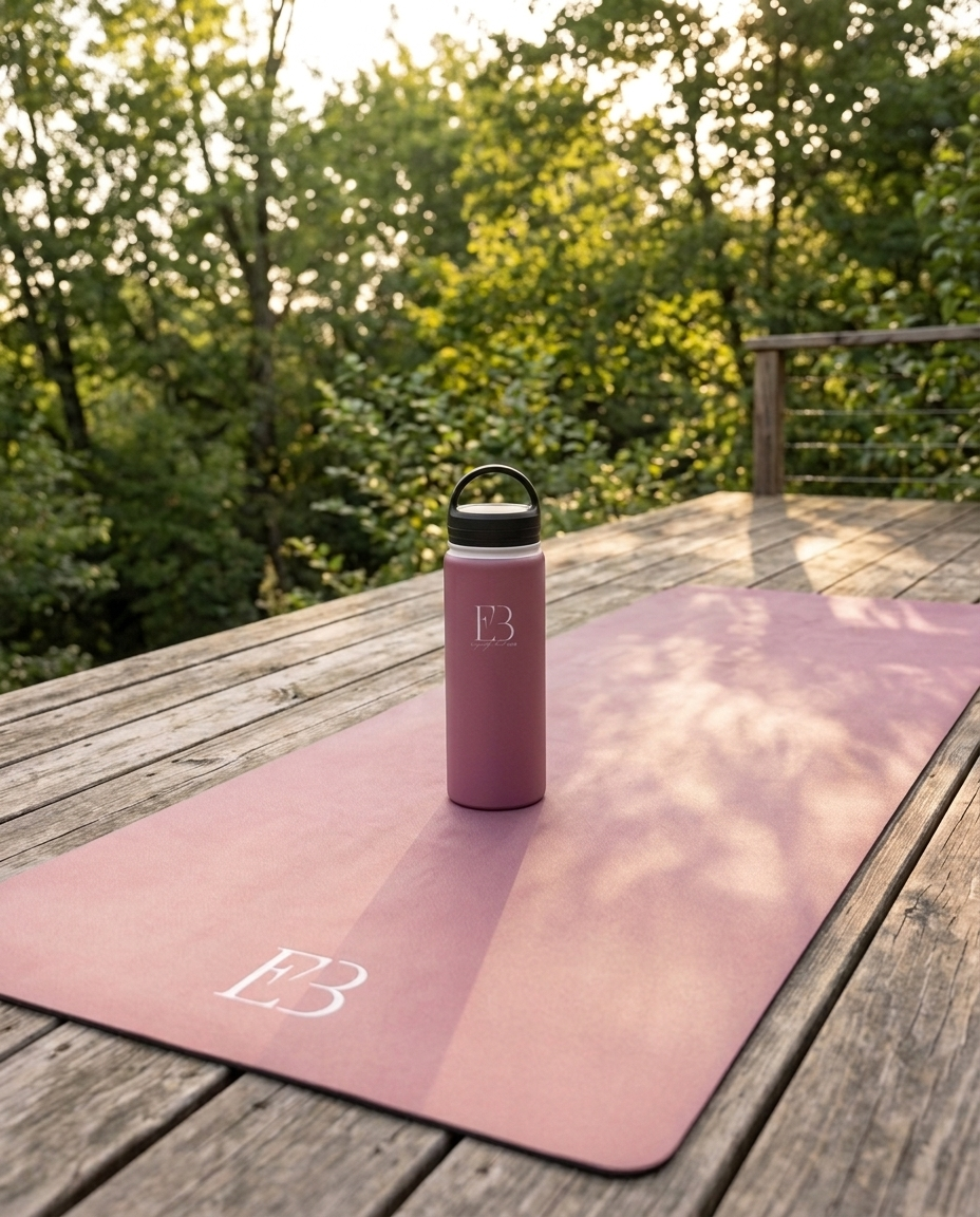 Yoga essentials set: rose orchid yoga mat with EB logo and rose water bottle