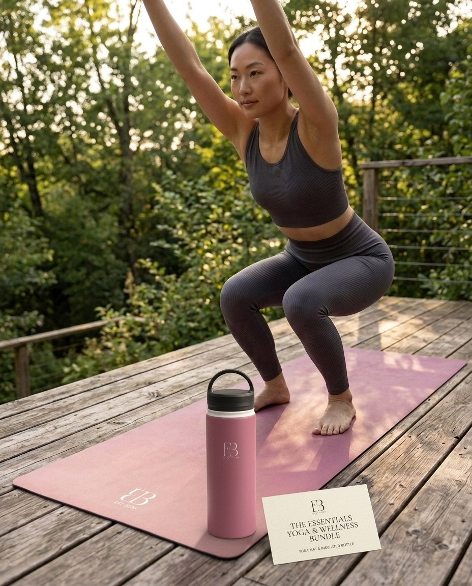 Yoga essentials set: rose orchid mat with EB logo and matching rose water bottle