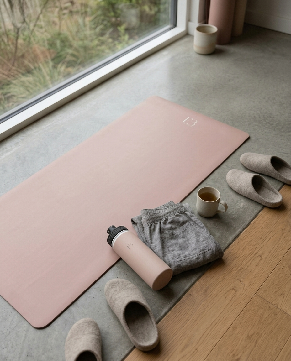 Yoga essentials set: blush pink yoga mat, grey socks, slip-on slippers