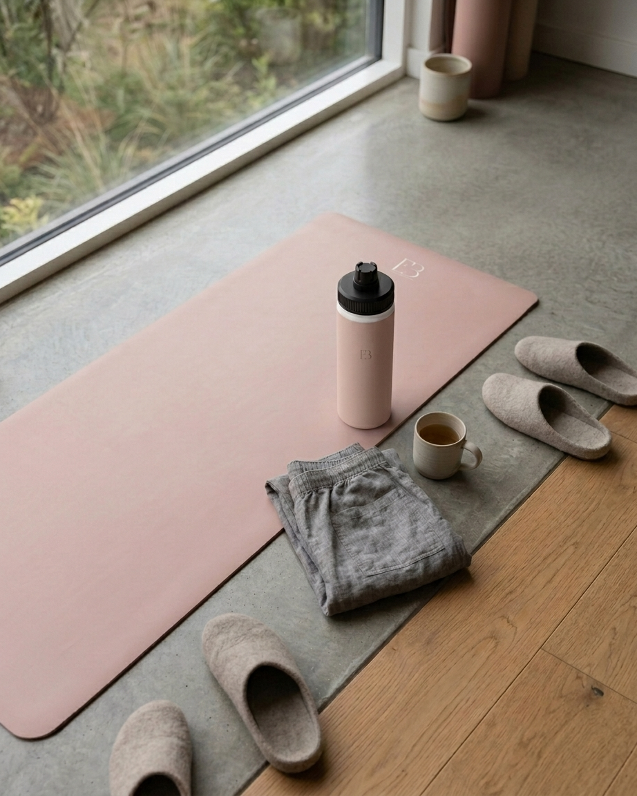 Yoga essentials set: blush pink mat, grey socks, upright bottle and slippers