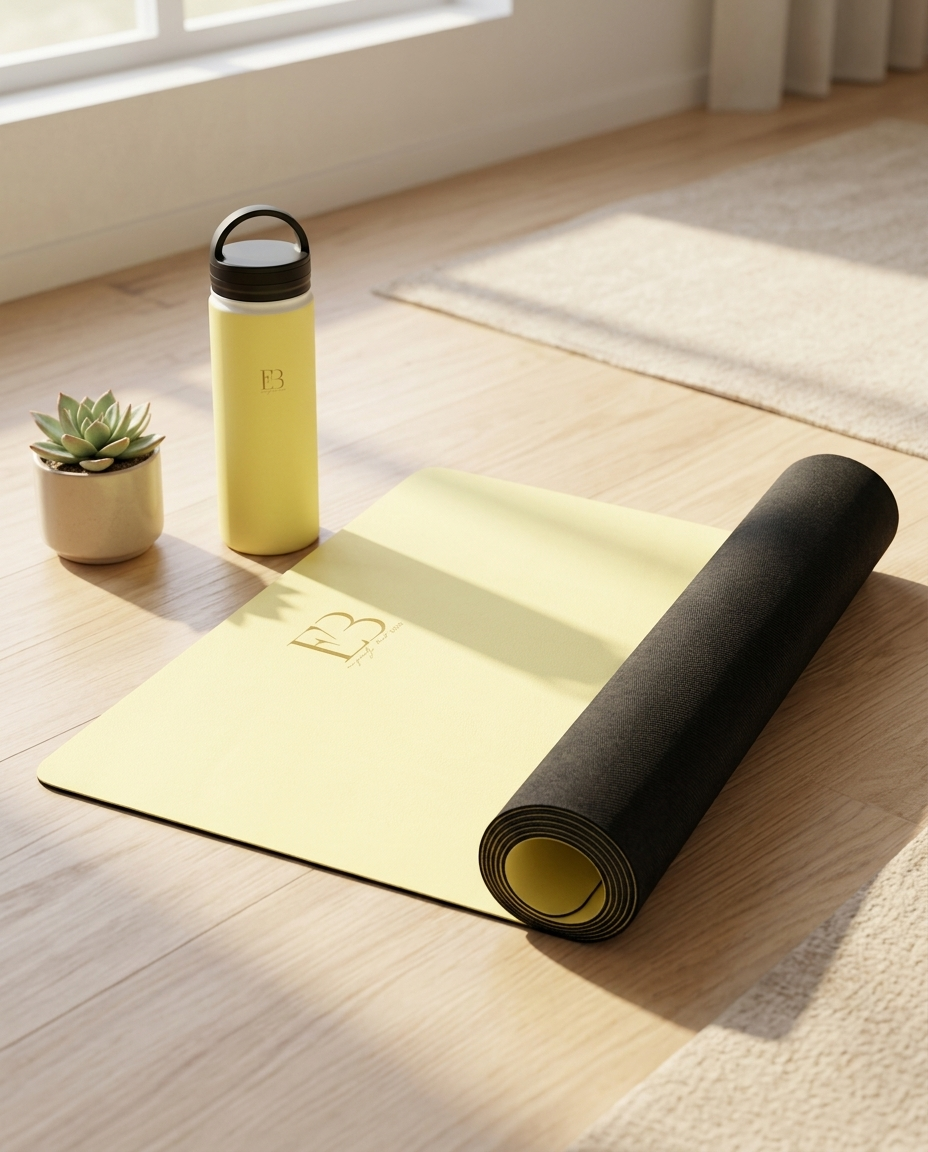 Lemon yellow yoga mat with logo and black-capped water bottle standing on floor