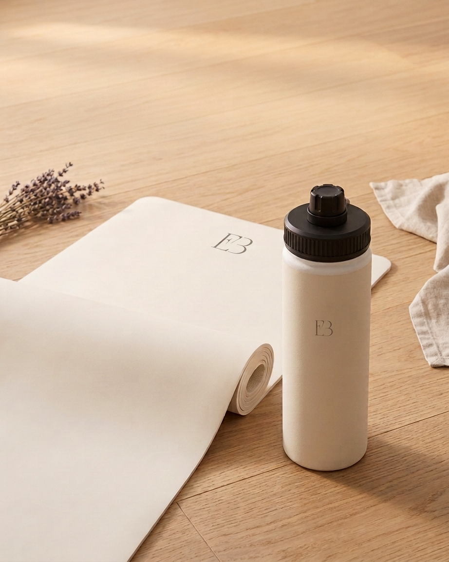 Cream yoga mat roll with cream E3 water bottle, black cap