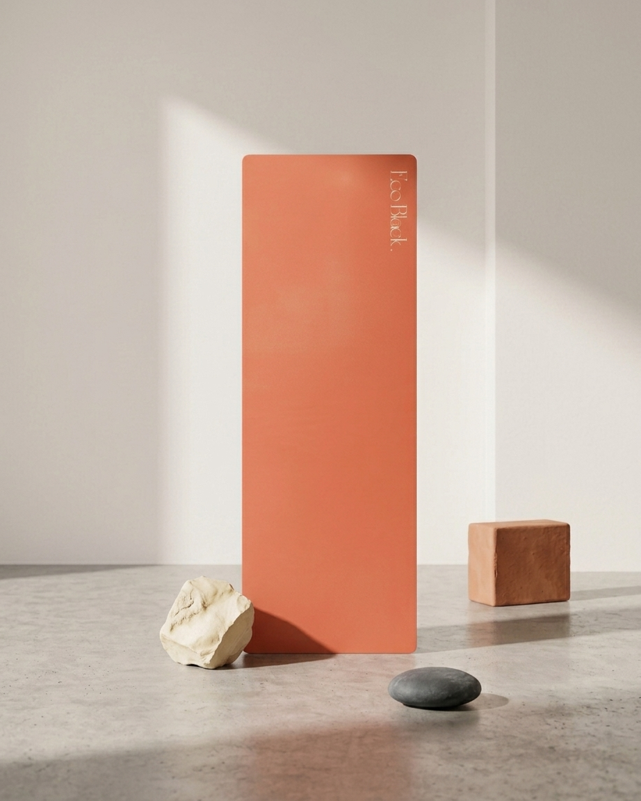 Orange yoga mat propped upright with embossed brand text.