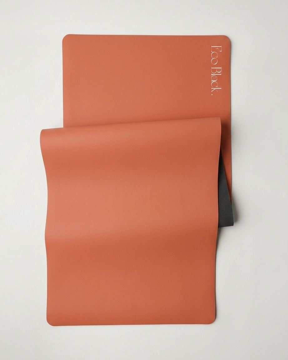 Orange yoga mat folded flat with a black backing layer behind it.