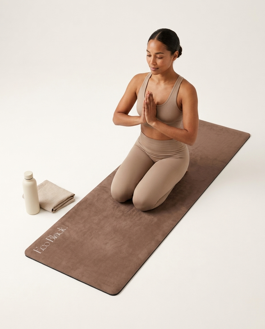 Chocolate brown natural rubber yoga mat on studio floor with person seated yoga pose.