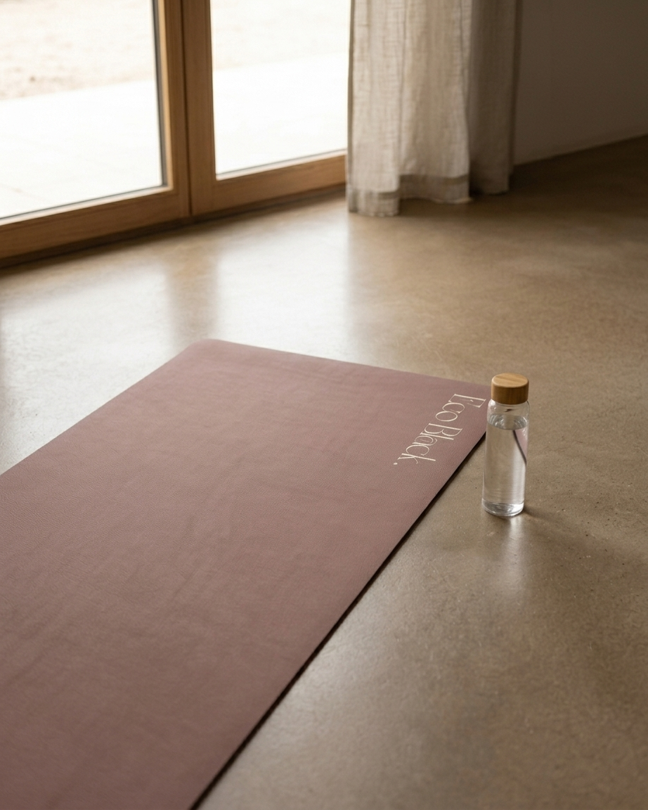 Chocolate brown natural rubber yoga mat, corner and edge with embossed logo.