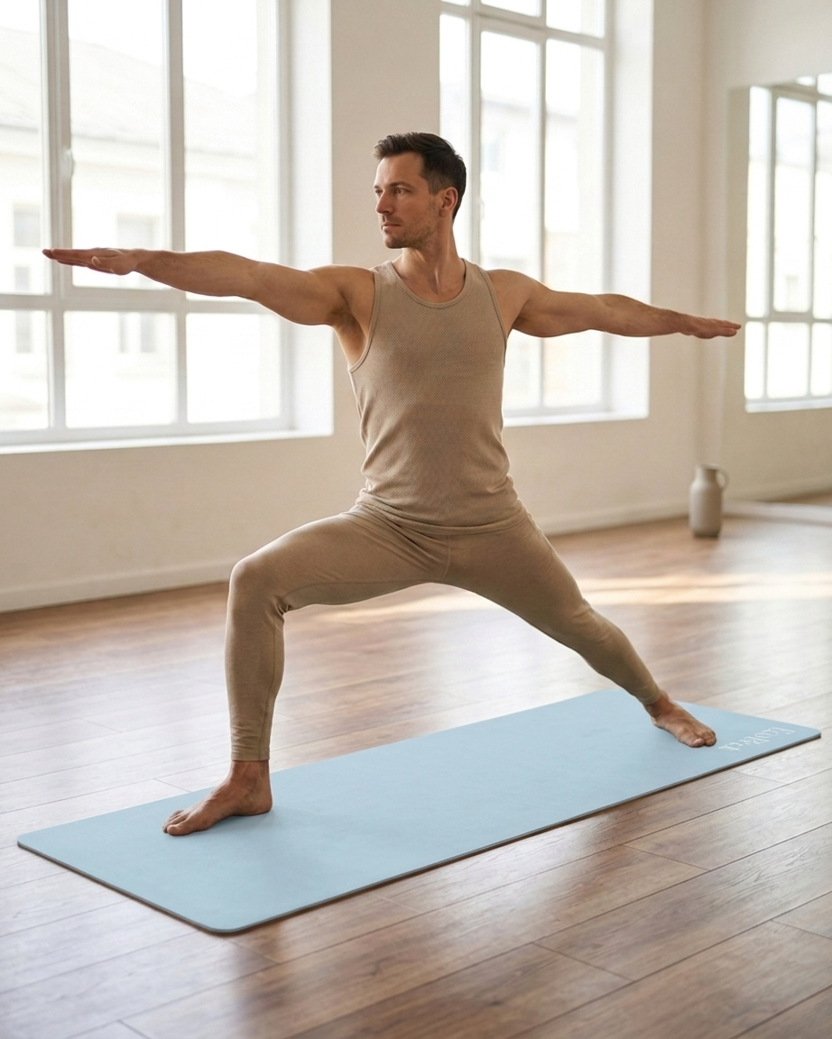 A man in a beige tank top and matching leggings performs a yoga pose on a light blue mat in a bright room with large windows and wooden floors.