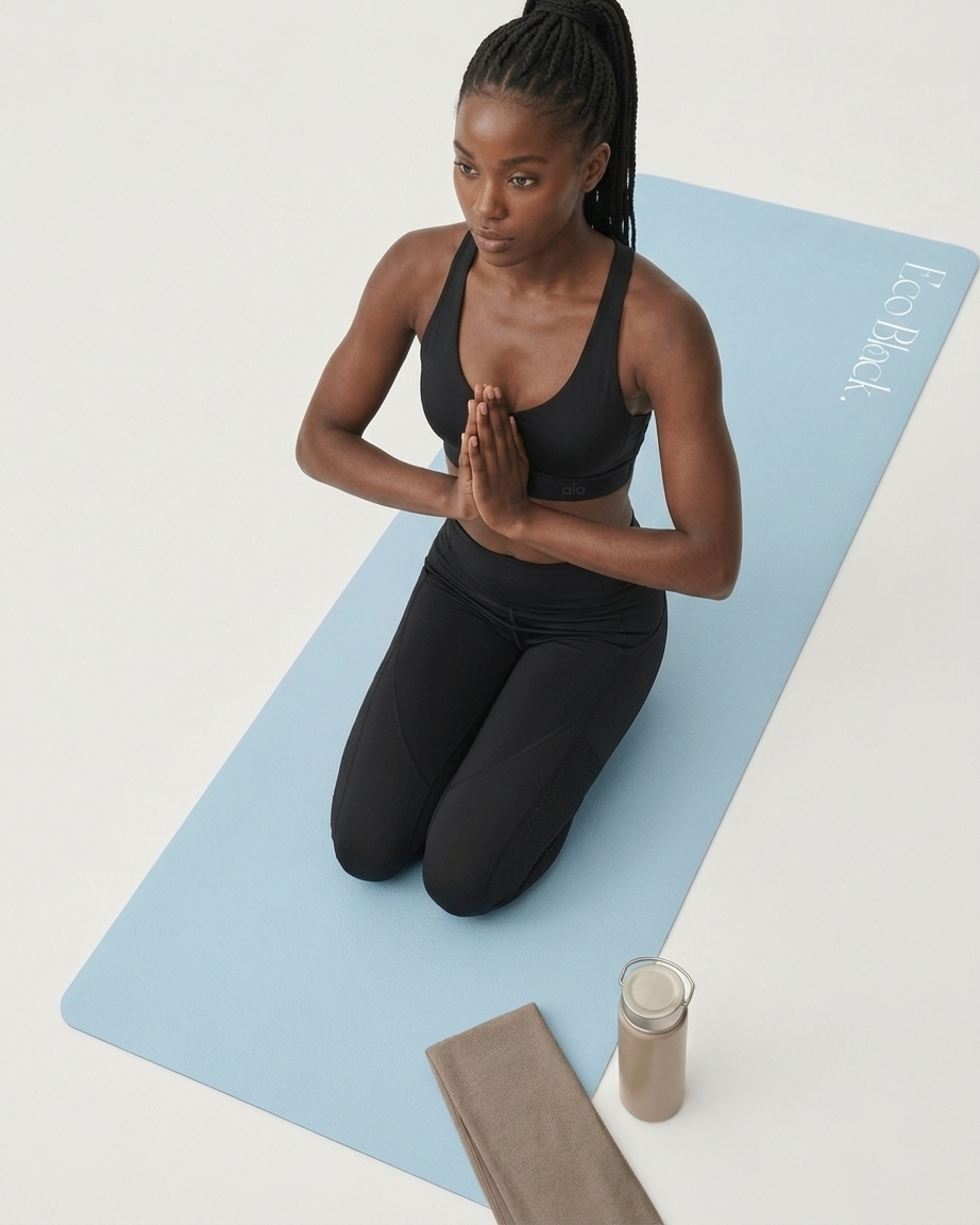 A woman in a black sports bra and leggings kneels on a light blue yoga mat, holding her hands together in a prayer pose. A folded towel and a small jar are placed beside the mat on a clean white background.
