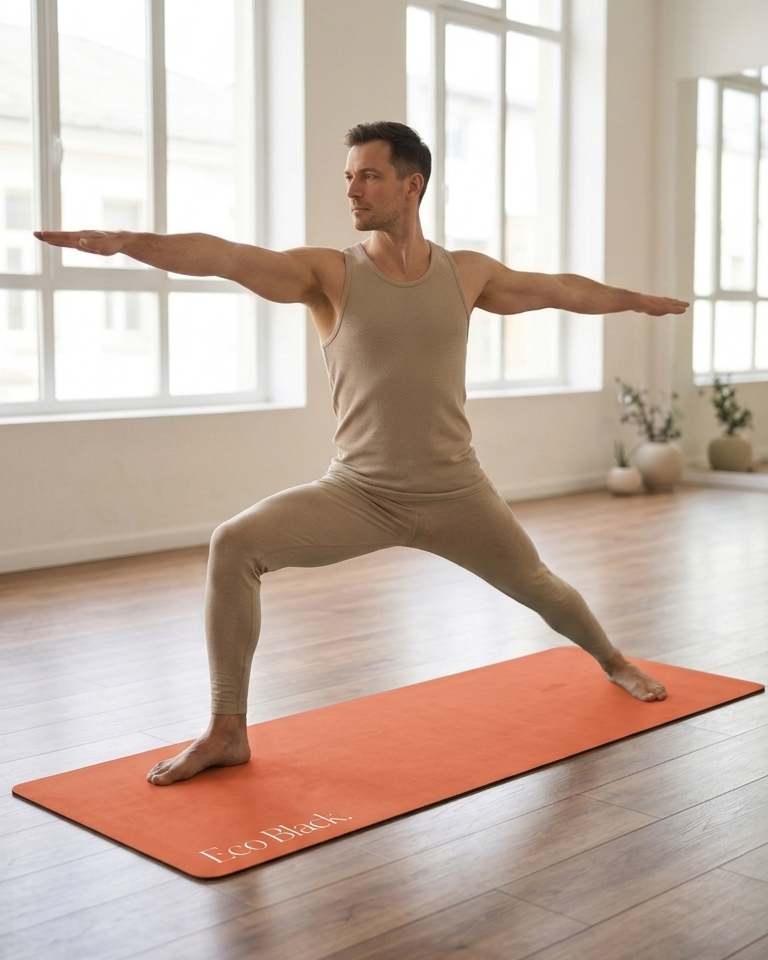 Orange yoga mat laid on a floor surface for yoga practice.