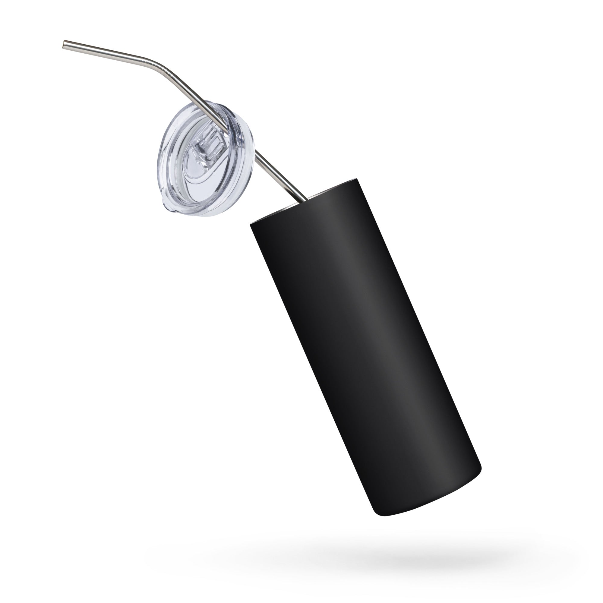 Black tumbler with clear lid and metal straw, drinkware accessory set