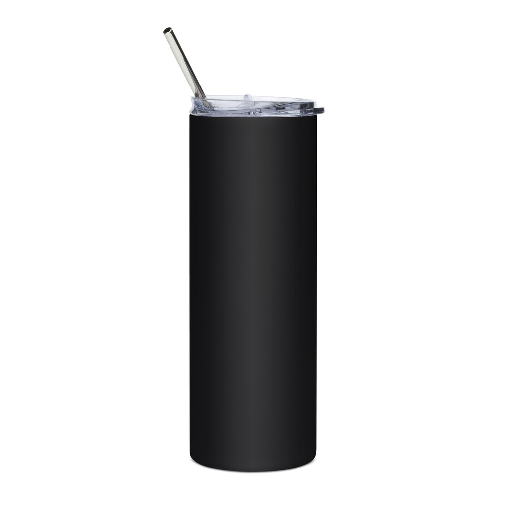 Black stainless tumbler with clear lid and metal straw, upright view