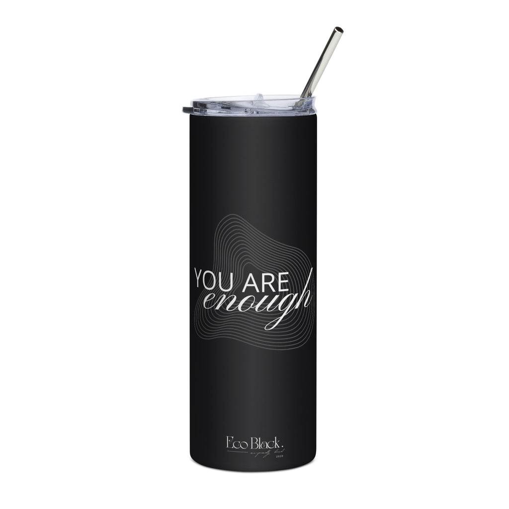 Black stainless tumbler with clear lid and metal straw, reusable travel cup