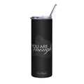 Black stainless tumbler with clear lid and metal straw, reusable travel cup