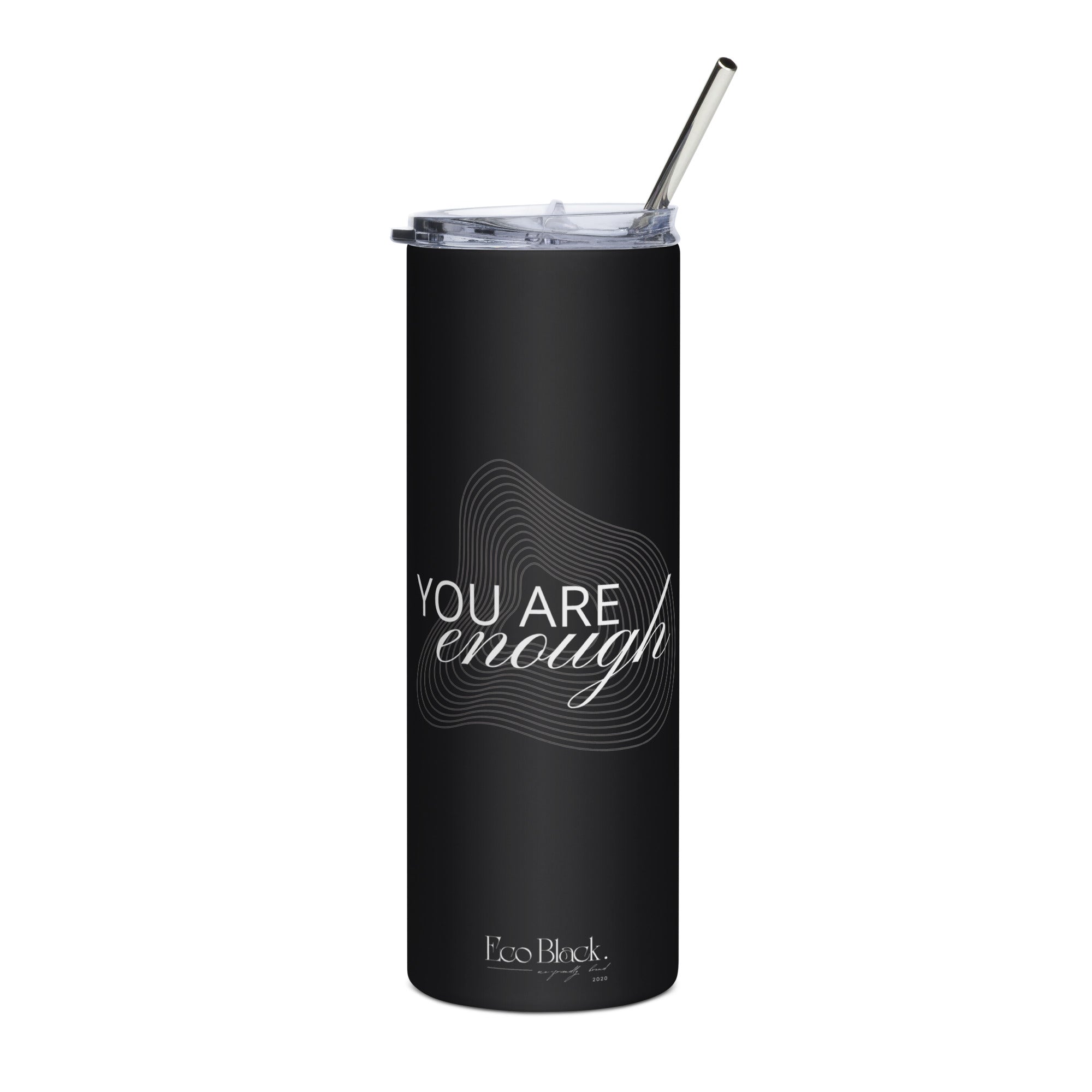 Black stainless tumbler with clear lid and metal straw, reusable travel cup