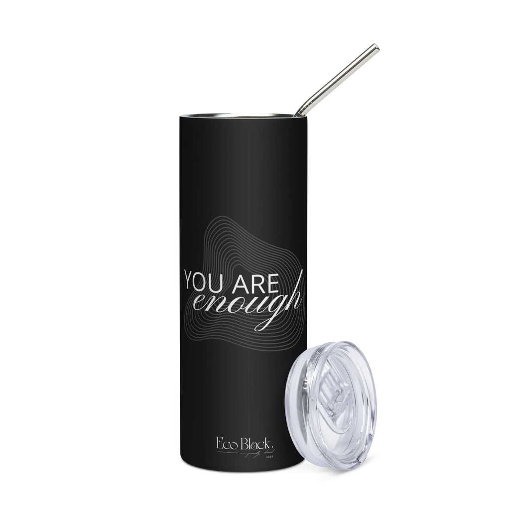 Black stainless tumbler with clear lid, metal straw, and extra lid cover