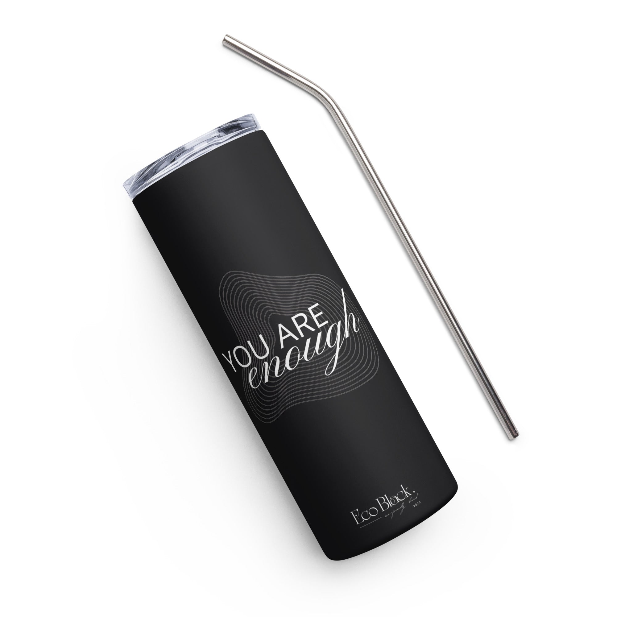 Black stainless tumbler with metal straw and clear lid, angled view