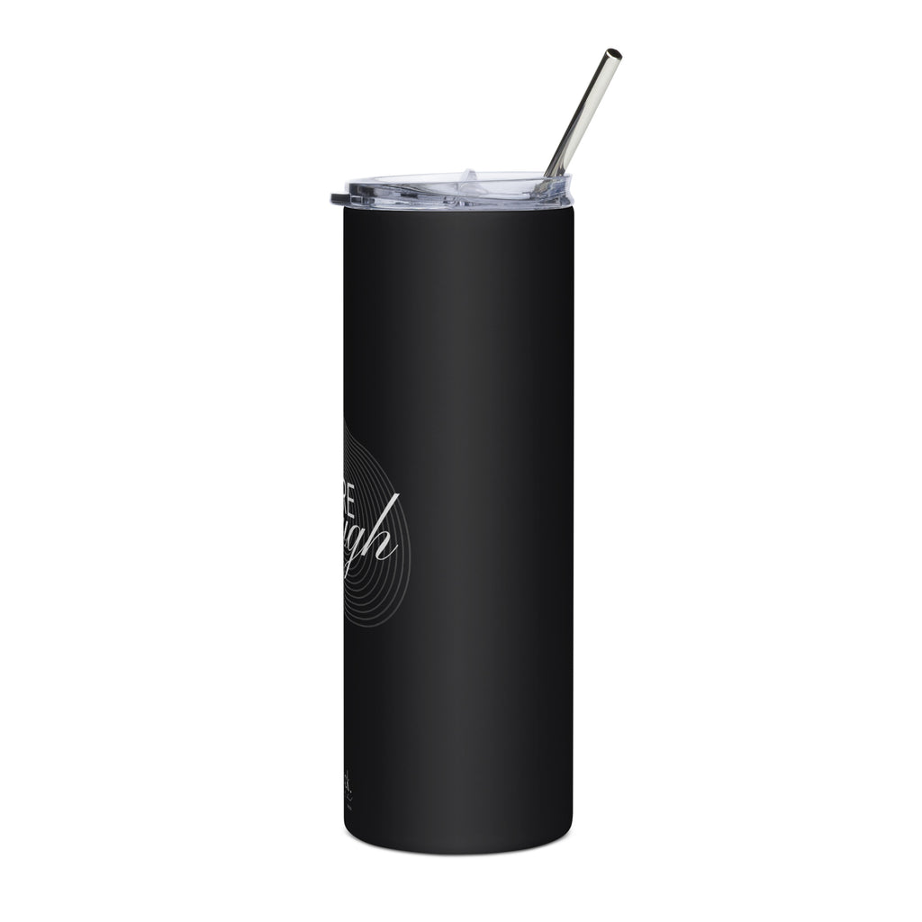 Black stainless tumbler with clear lid and metal straw, side view