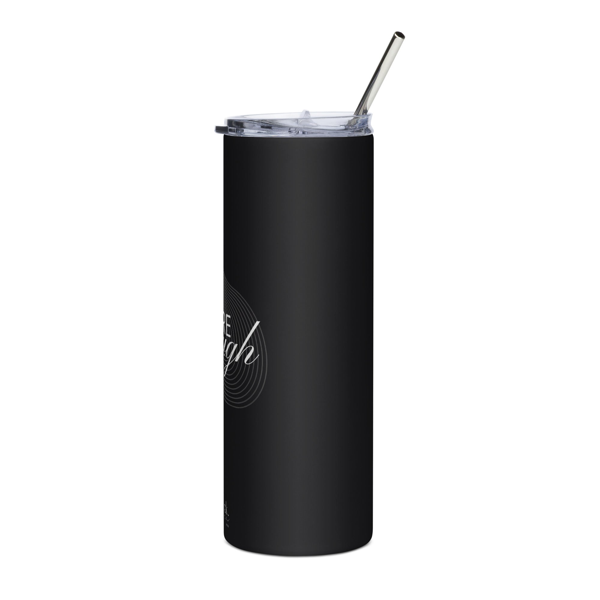 Black stainless tumbler with clear lid and metal straw, side view