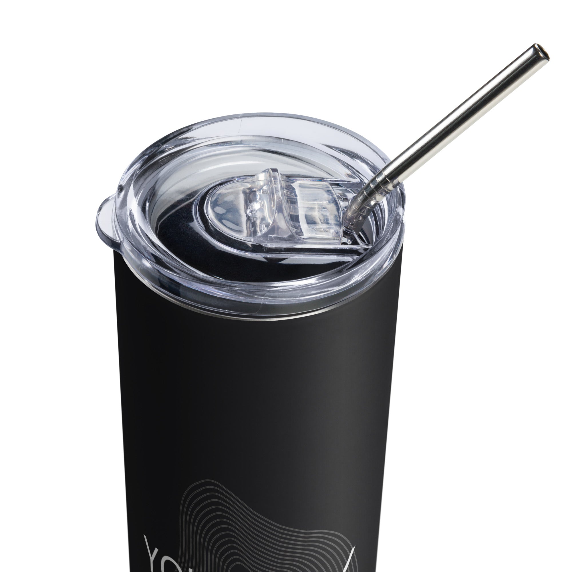 Black stainless tumbler top with clear lid and metal straw