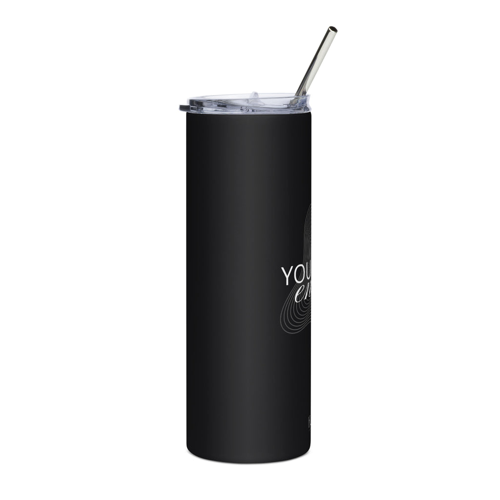 Black stainless tumbler with clear lid and metal straw, cropped side view