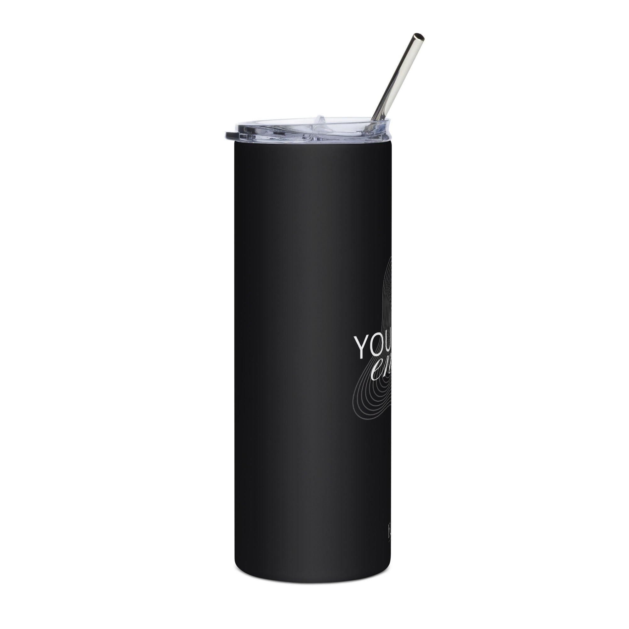 Black stainless tumbler with clear lid and metal straw, cropped side view