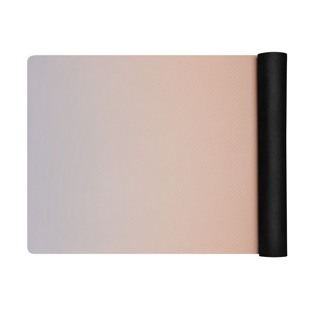 Yoga mat laid out with mauve textured face and black rolled side