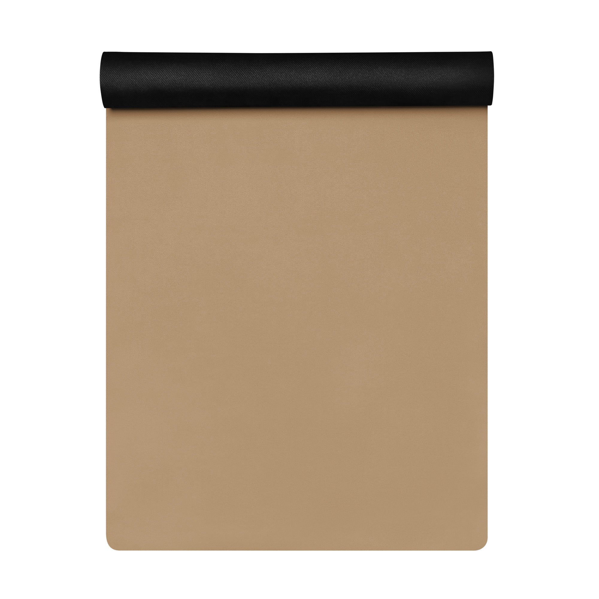 Folded tan natural rubber yoga mat with black top roll visible.