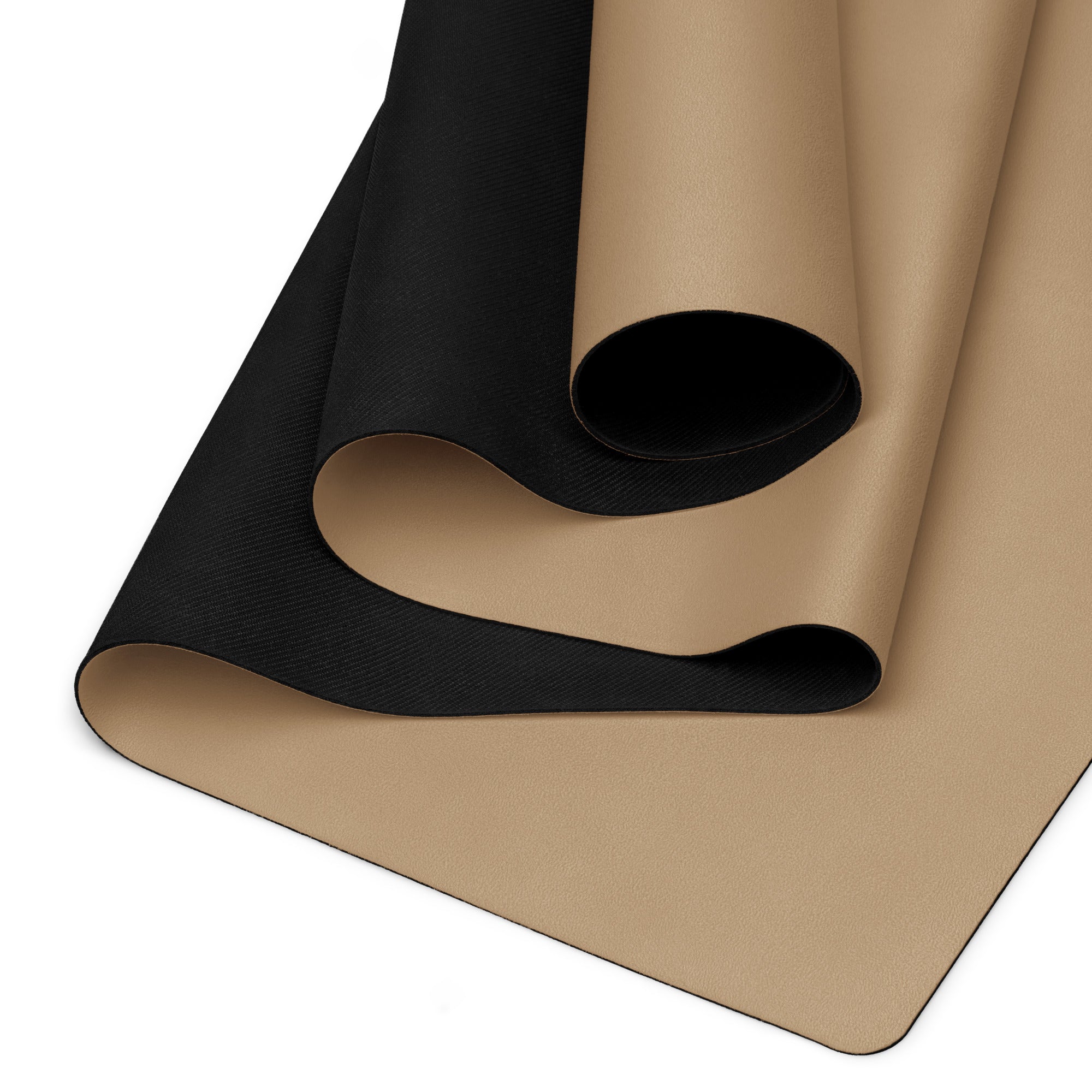 Beige and black natural rubber yoga mat rolled edge with textured grip