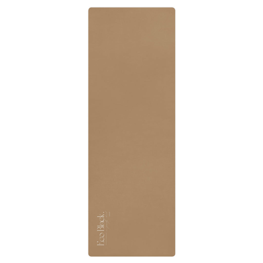 Sand-colored natural rubber yoga mat with white logo, shown flat.