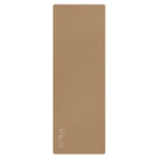 Golden tan natural rubber yoga mat with embossed logo at lower edge