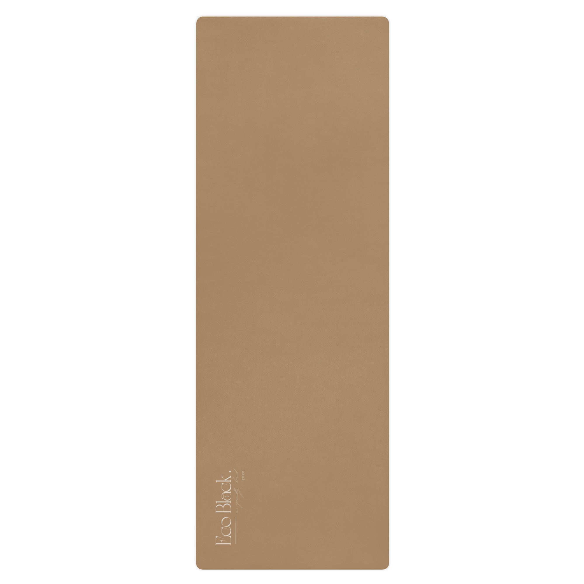 Sand-colored natural rubber yoga mat with white logo, shown flat.