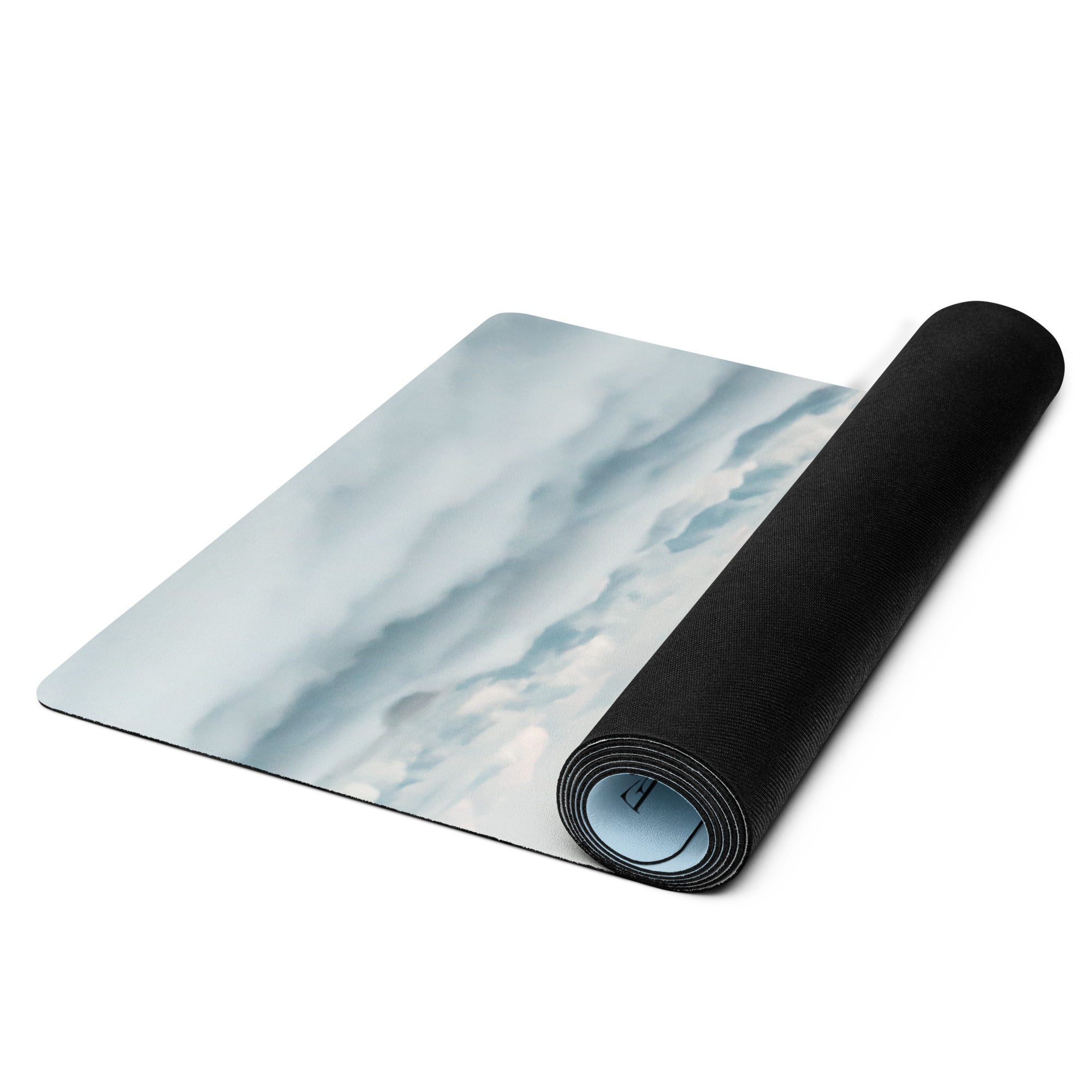 Light blue cloud-pattern yoga mat rolled up with a black rolled end