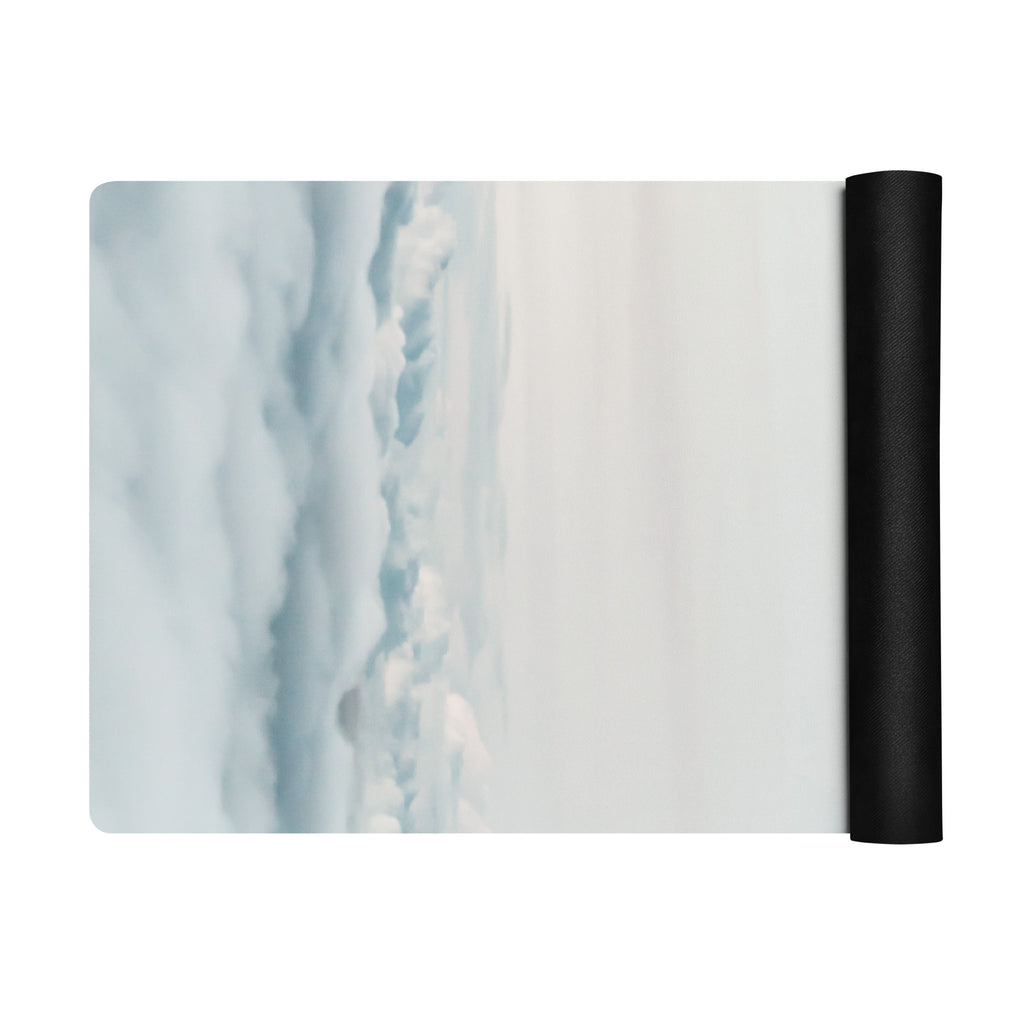 Light blue cloud-pattern yoga mat with black rolled edge