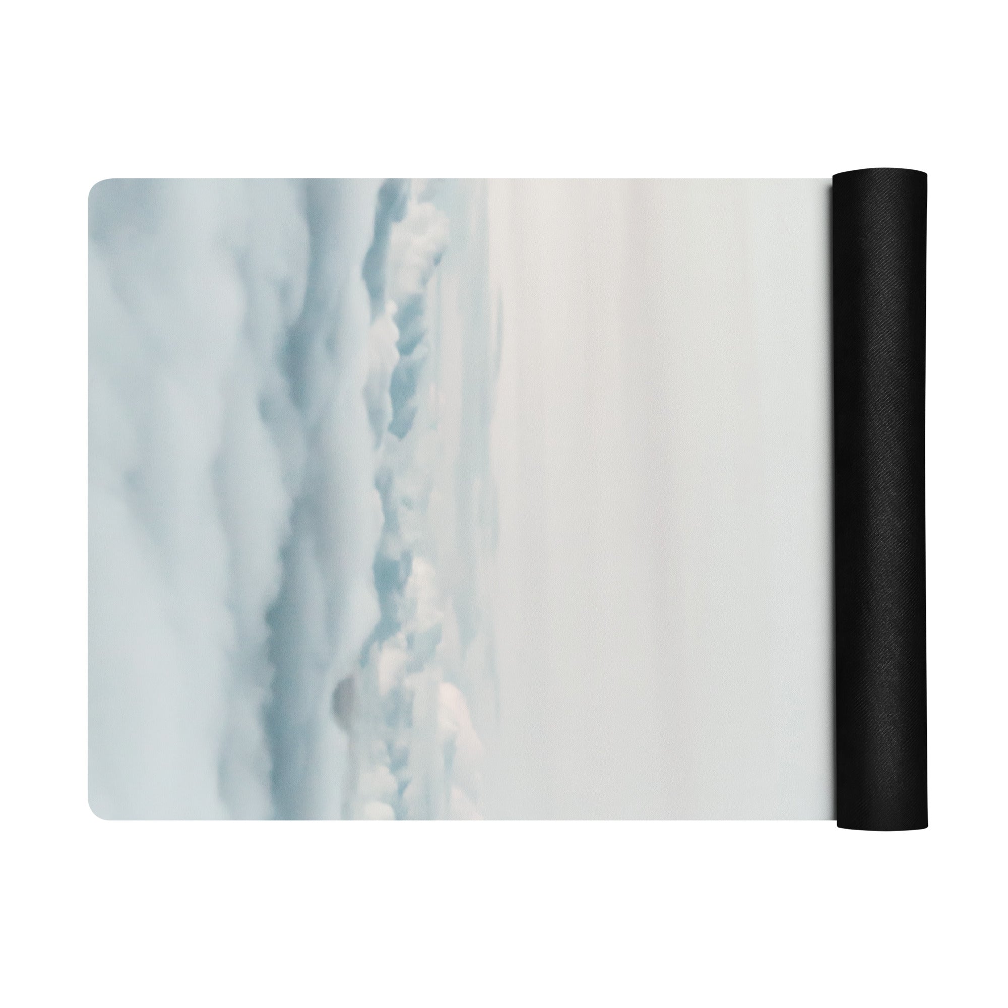 Light blue cloud-pattern yoga mat with black rolled edge