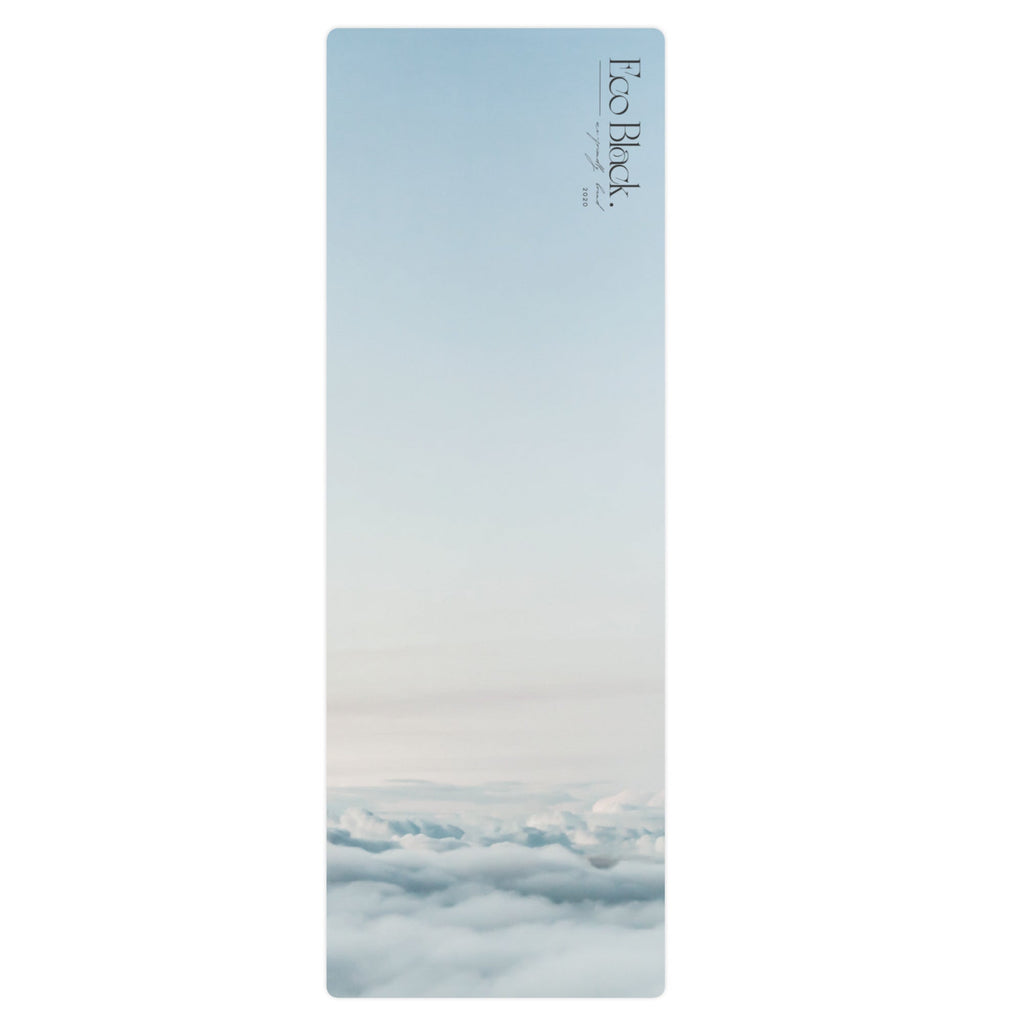 Light blue cloud-pattern yoga mat with logo on top edge